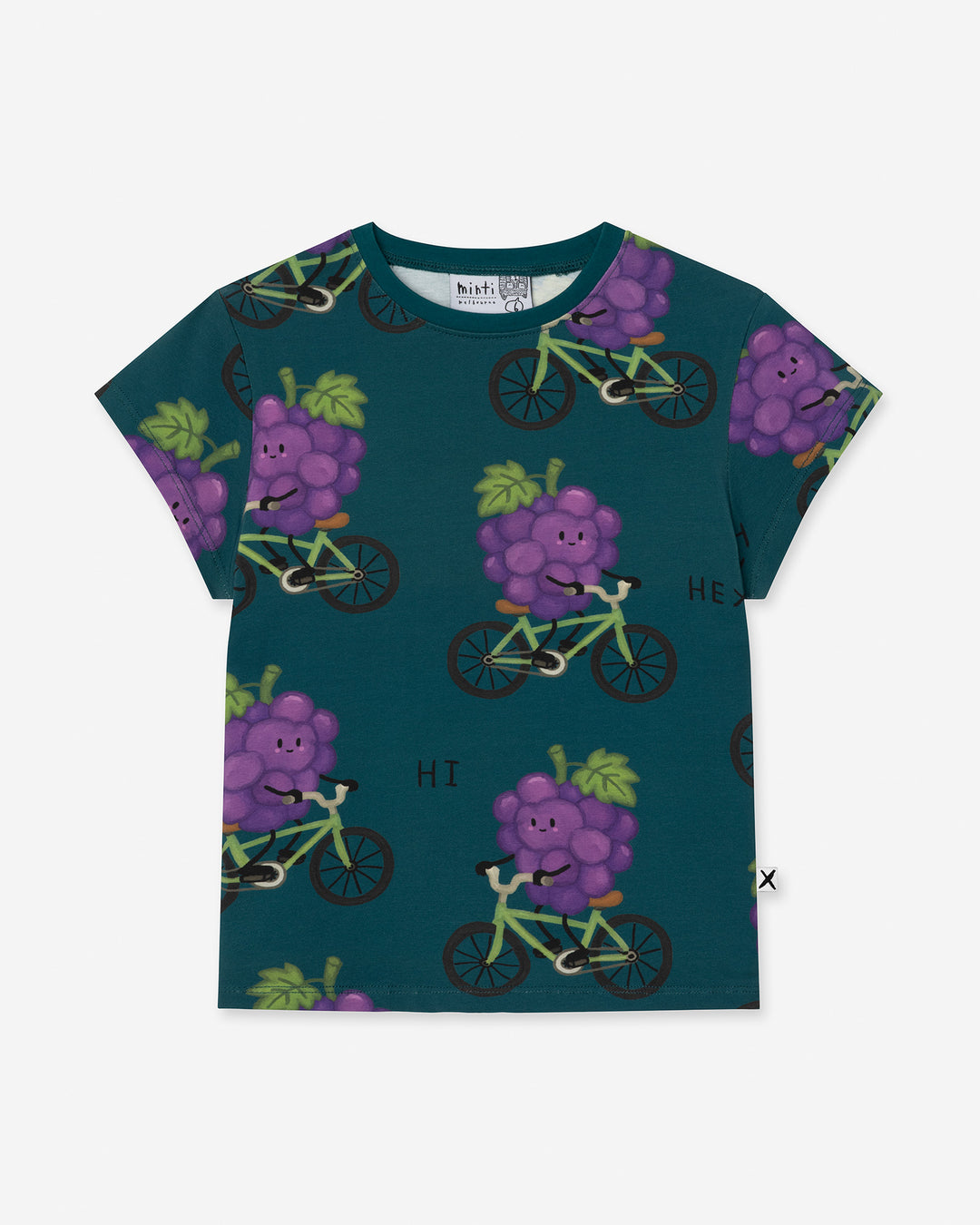 Biking Grape Tee in dark teal, girls t shirt by Minti, flat lay