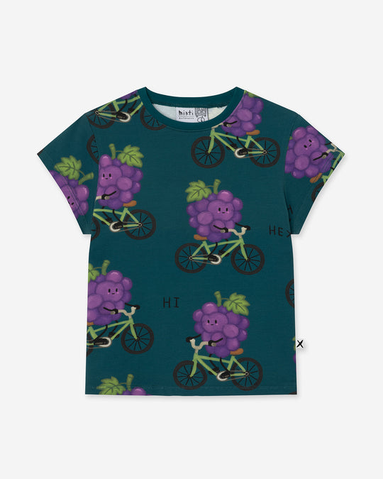 Biking Grape Tee in dark teal, girls t shirt by Minti, flat lay