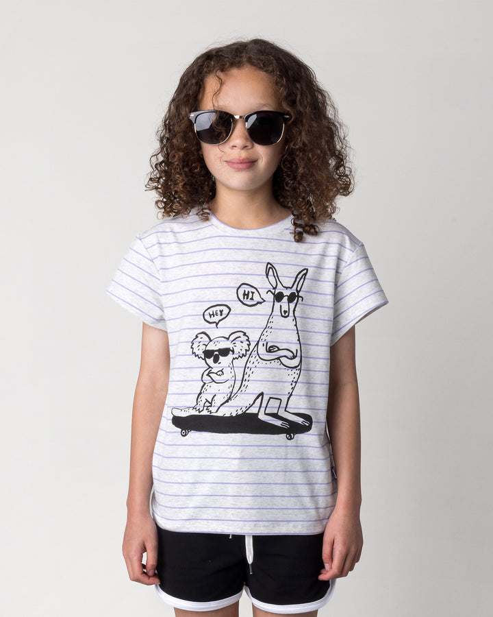 Close up of the Chill Mates Tee in marle and purple stripe on a kid, front view