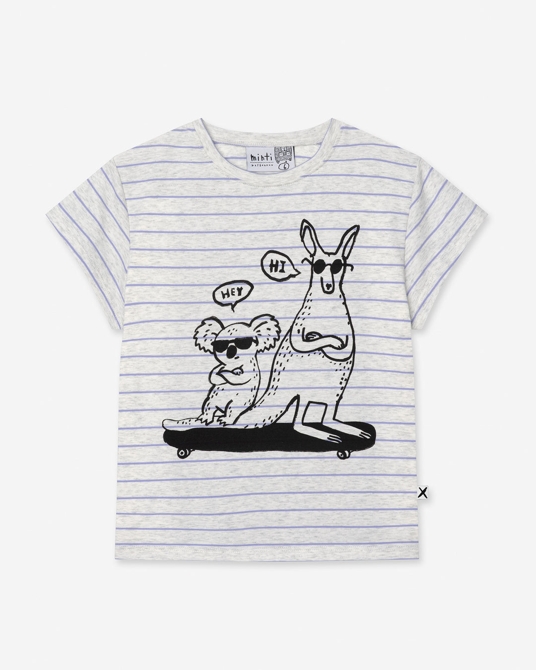 Chill Mates Tee in marle and purple stripe, girls t shirt by Minti, flat lay