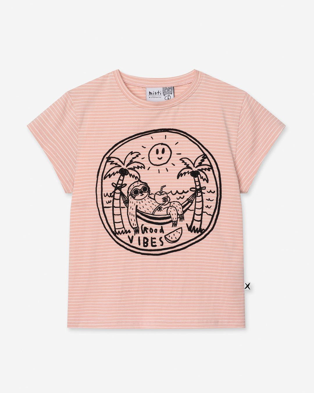 Chill Sloth Tee in ballet stripe, girls t shirt by Minti, flat lay