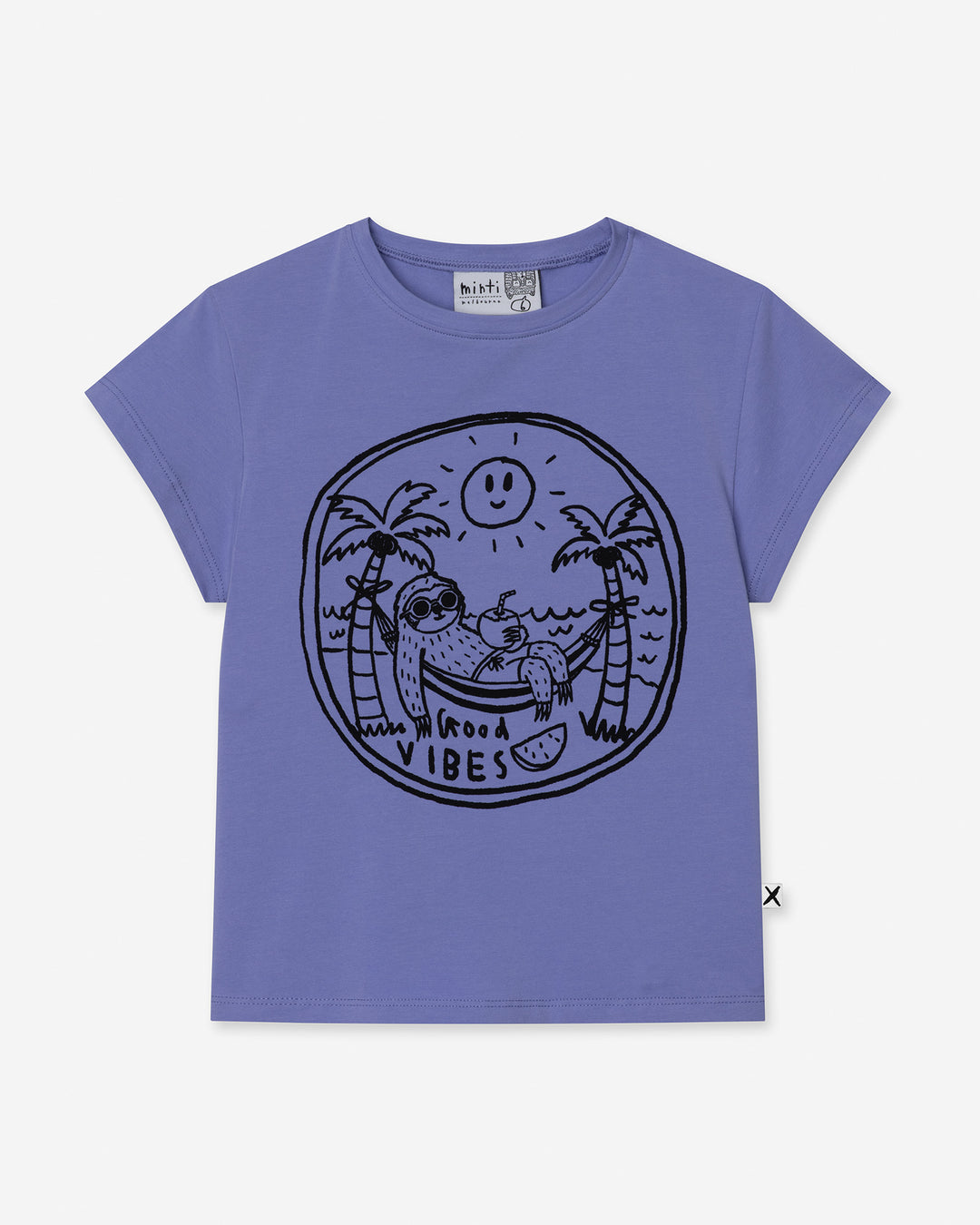 Chill Sloth Tee in purple, girls t shirt by Minti, flat lay