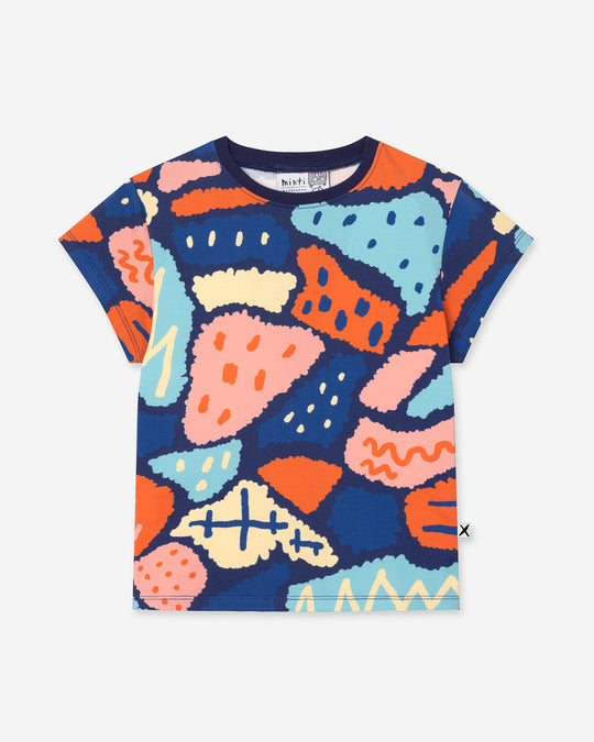 Cool Shapes Tee in dark blue, girls t shirt by Minti, flat lay