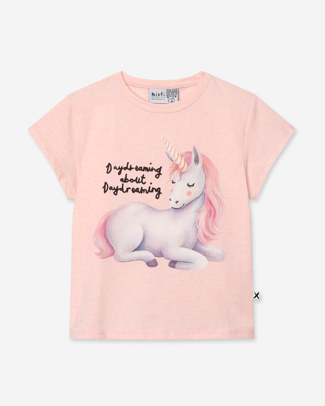 Daydreaming Unicorn Tee in pink marle, girls t shirt by Minti, flat lay