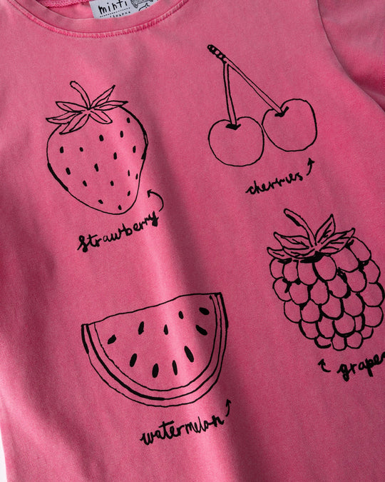 Close up of the Different Fruits Tee print in pink wash