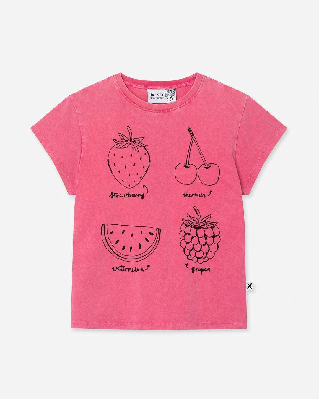 Different Fruits Tee in pink wash, girls t shirt by Minti, flat lay