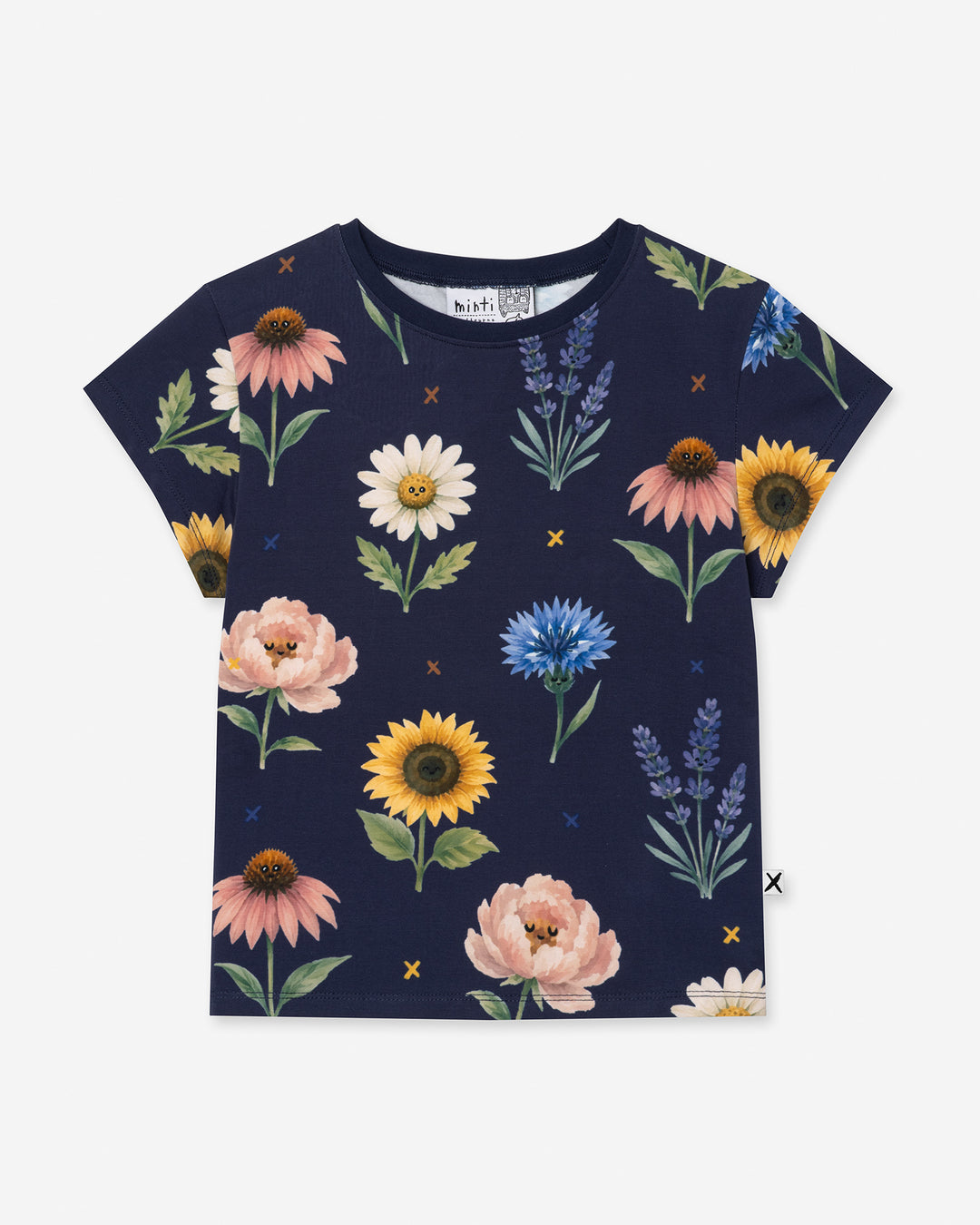 Flower Friends Tee in ink, girls t shirt by Minti, flat lay