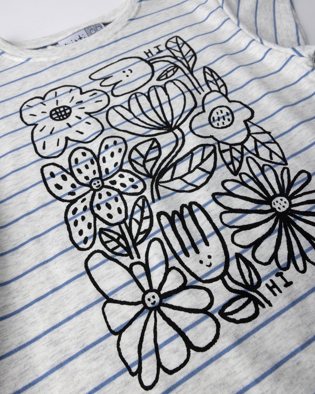 Close up of the Flower Party Tee print in marle and blue stripe