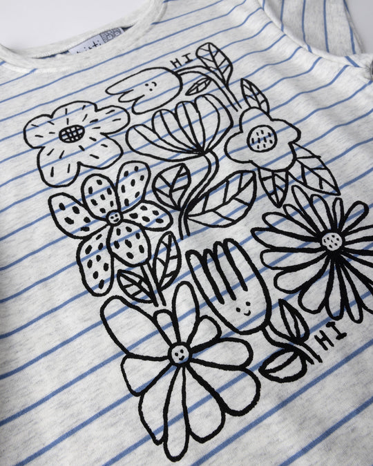 Close up of the Flower Party Tee print in marle and blue stripe