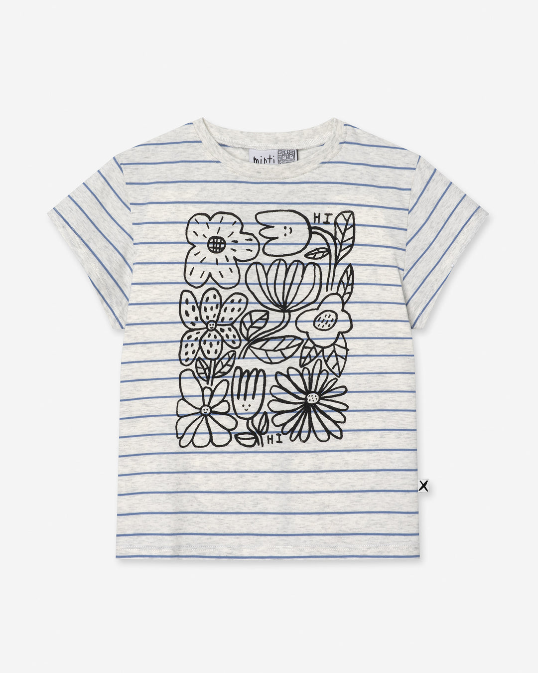 Flower Party Tee in marle and blue stripe, girls t shirt by Minti, flat lay