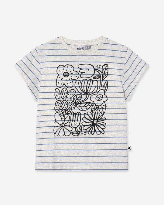 Flower Party Tee in marle and blue stripe, girls t shirt by Minti, flat lay