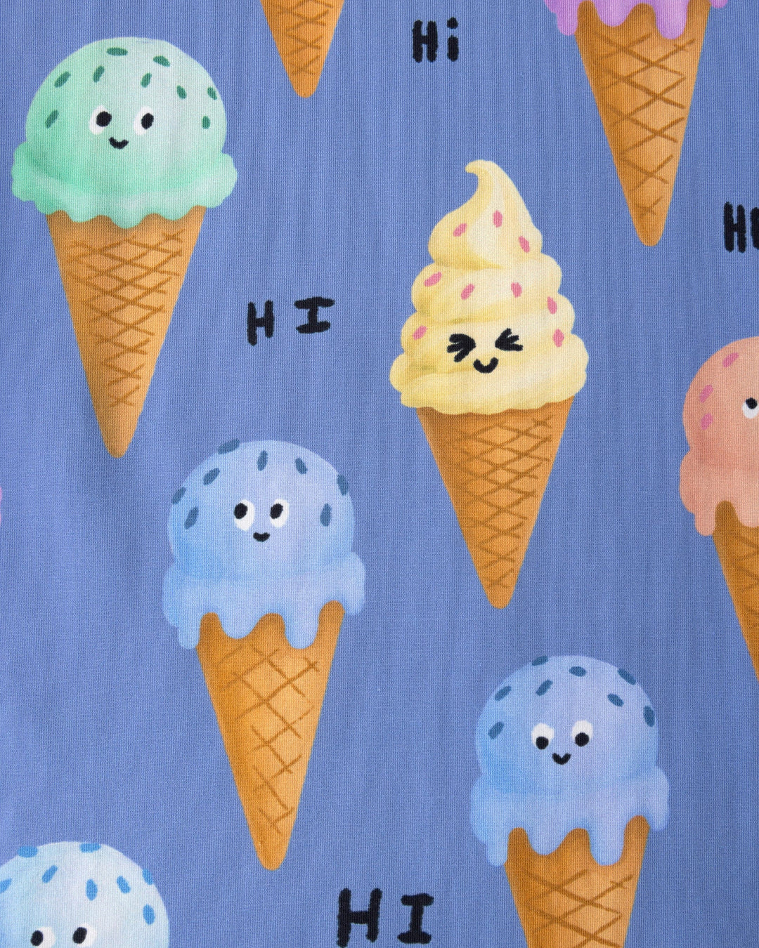Close up of the Happy Icecreams Tee print in cornflower
