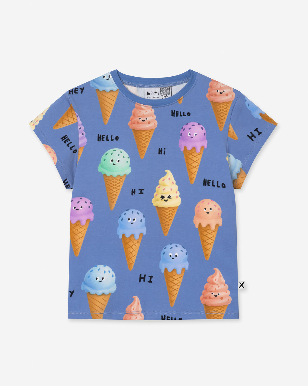 Happy Icecreams Tee in cornflower, girls t shirt by Minti, flat lay