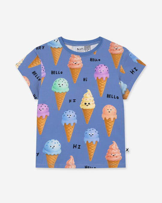 Happy Icecreams Tee in cornflower, girls t shirt by Minti, flat lay