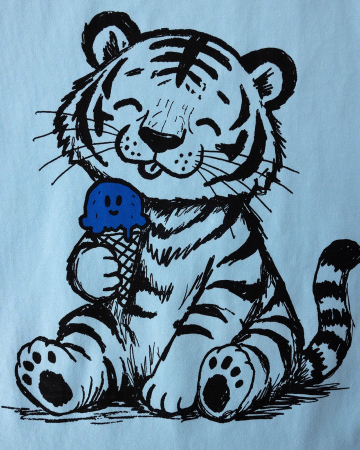 Close up of the Happy Tiger Tee print in light blue