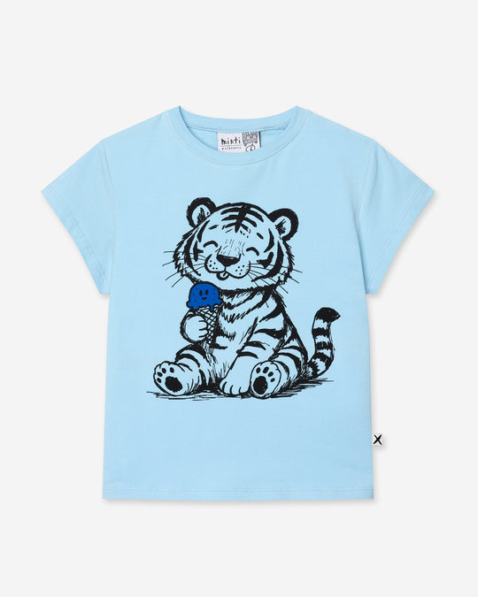 Happy Tiger Tee in light blue, girls t shirt by Minti, flat lay