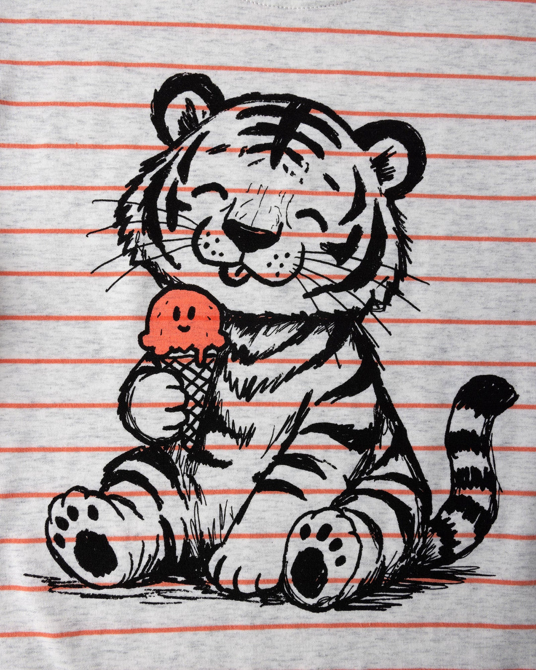 Close up of the Happy Tiger Tee print in marle and coral stripe