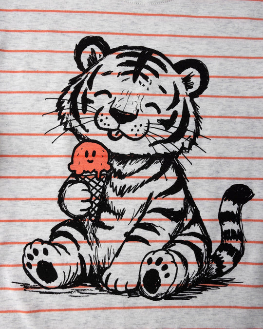 Close up of the Happy Tiger Tee print in marle and coral stripe