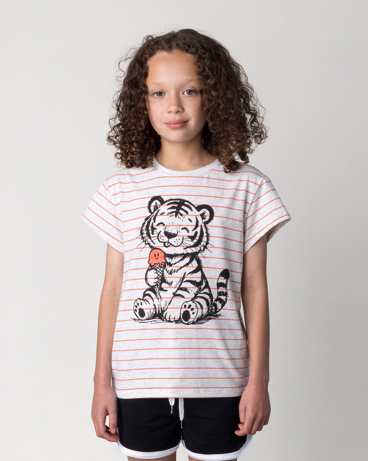 Close up of the Happy Tiger Tee in marle and coral stripe on a kid, front view