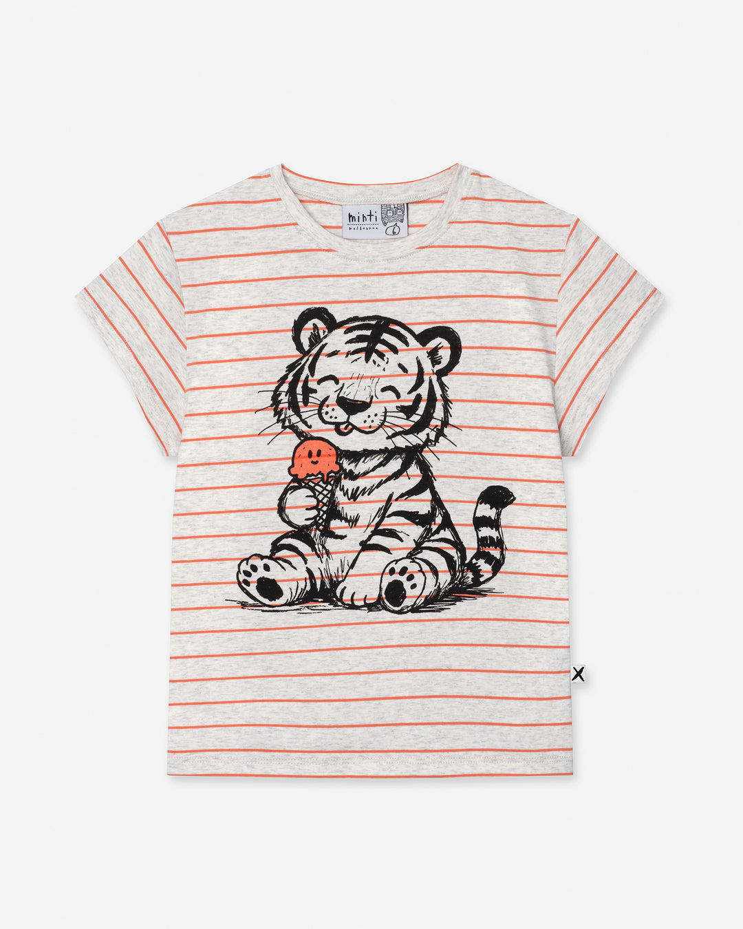 Happy Tiger Tee in marle and coral stripe, girls t shirt by Minti, flat lay