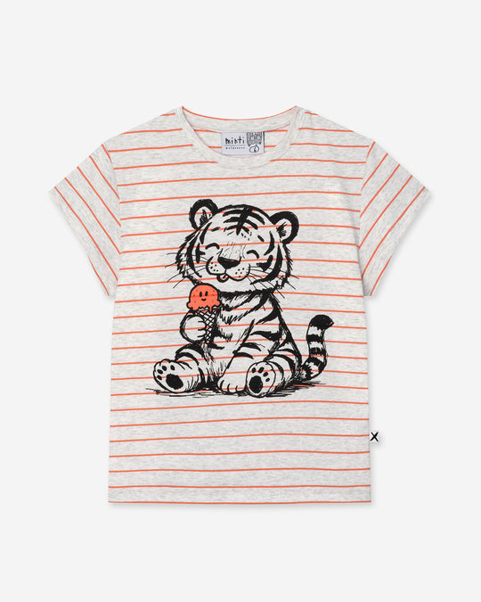 Happy Tiger Tee in marle and coral stripe, girls t shirt by Minti, flat lay