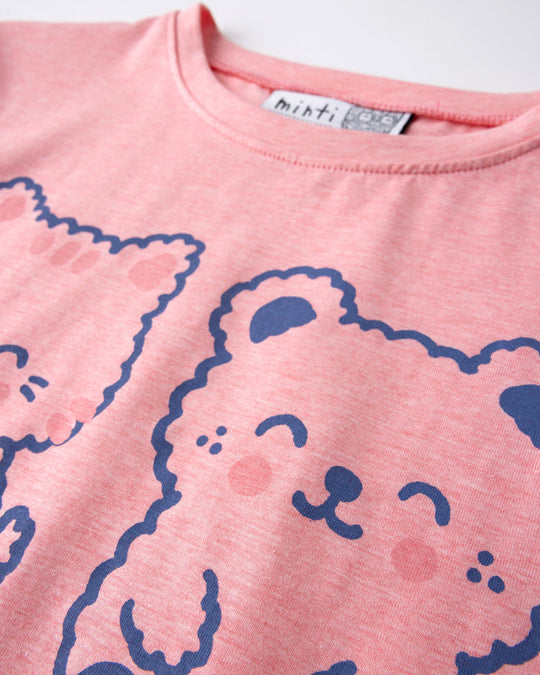 Close up of the Hi Cat Bear Tee print in strawberry marle