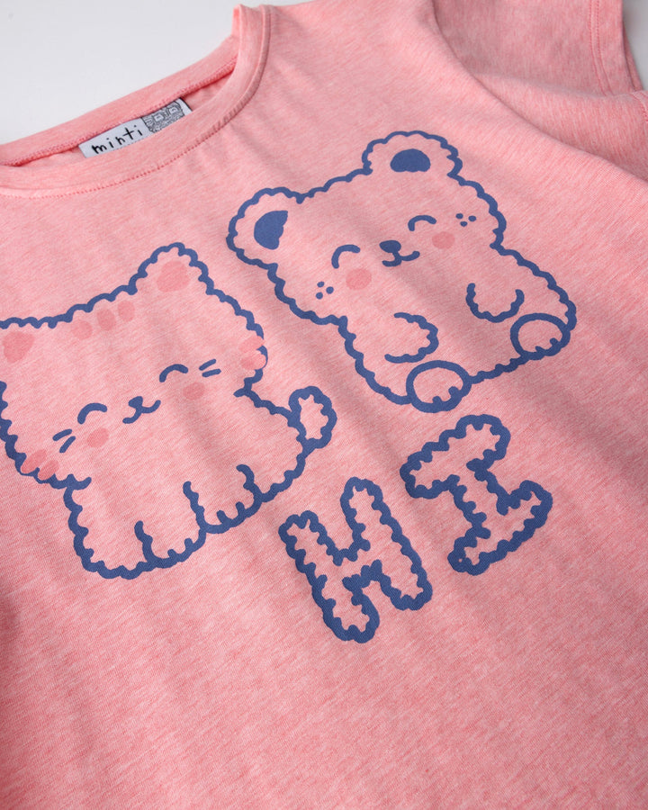 Close up of the Hi Cat Bear Tee print in strawberry marle