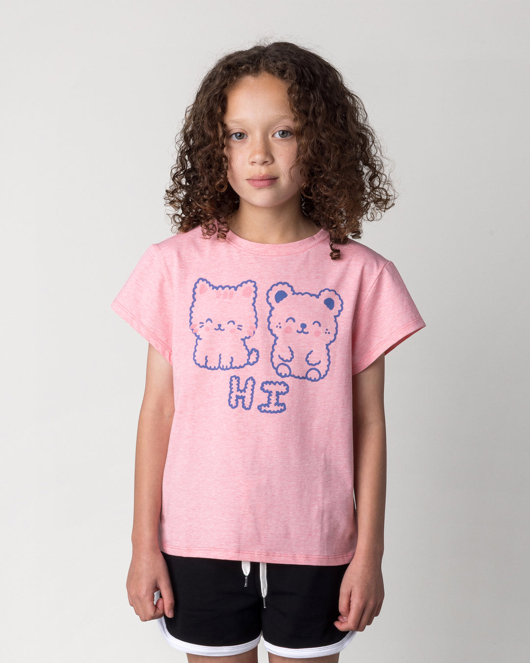 Close up of the Hi Cat Bear Tee in strawberry marle on a kid, front view