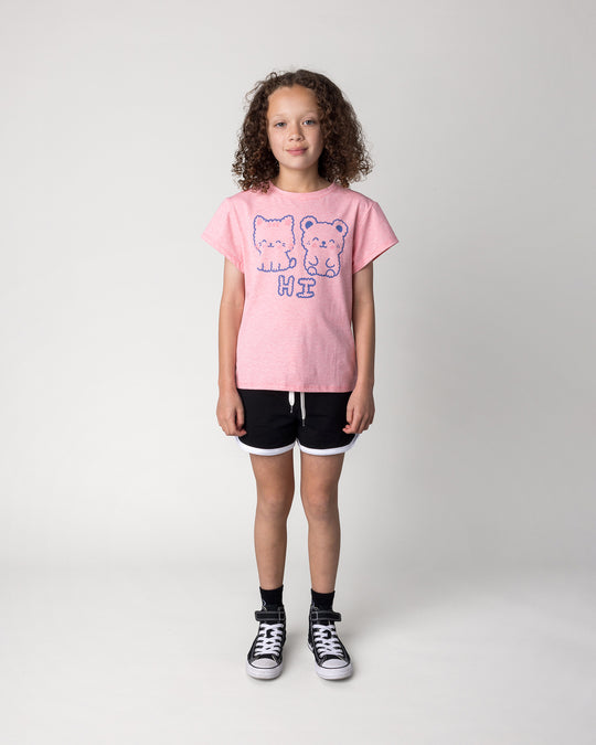 Kid wearing the Hi Cat Bear Tee in strawberry marle with the Sprint Short in black and white, front view