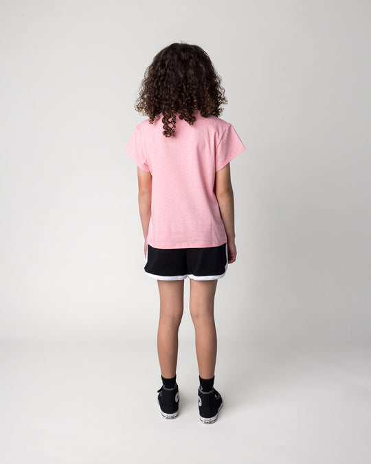 Kid wearing the Hi Cat Bear Tee in strawberry marle with the Sprint Short in black and white, back view