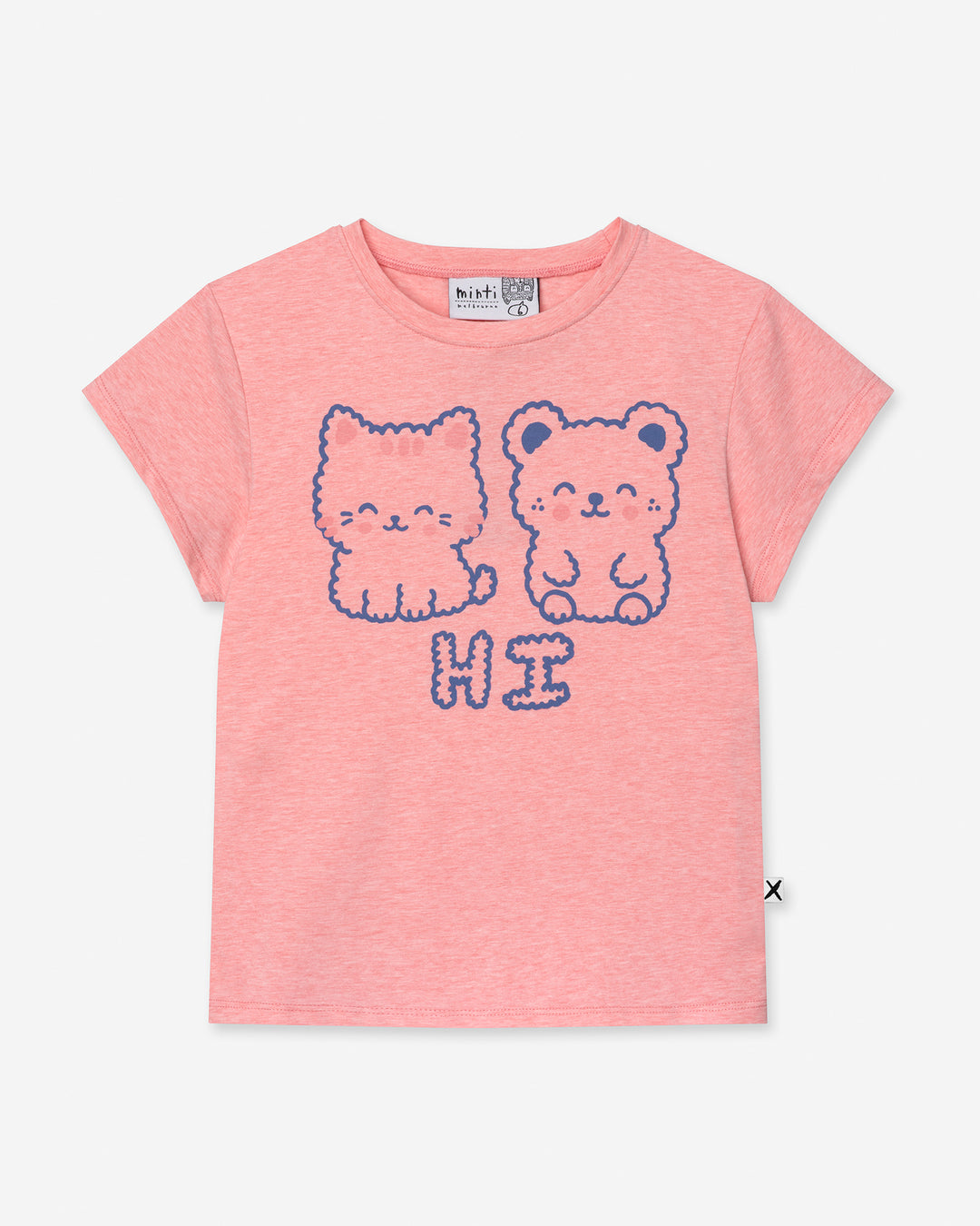 Hi Cat Bear Tee in strawberry marle, girls t shirt by Minti, flat lay