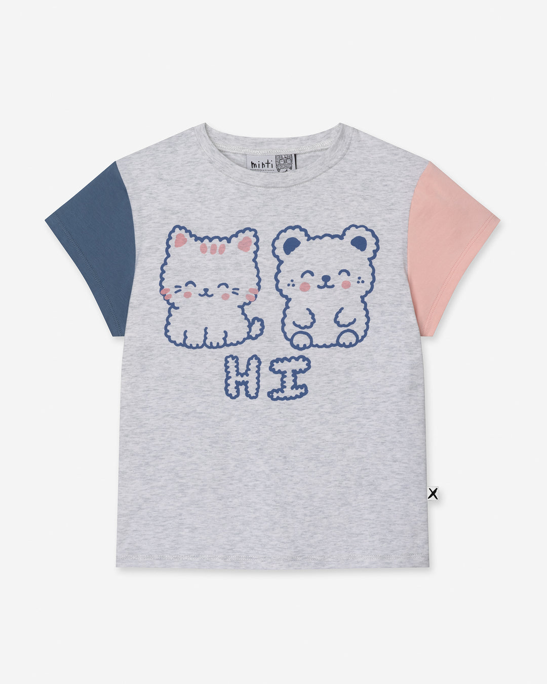 Hi Cat Bear Tee in white marle, blue and pink, girls t shirt by Minti, flat lay