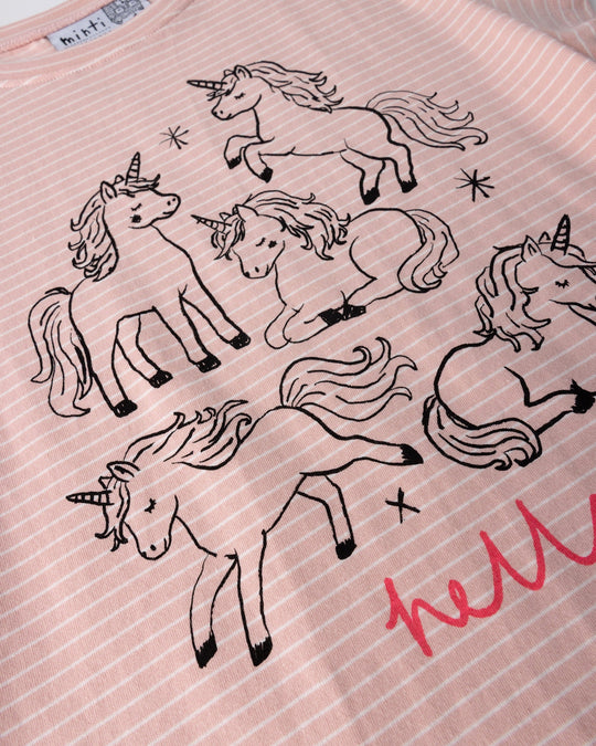 Close up of the Hello Unicorns Tee print in ballet stripe