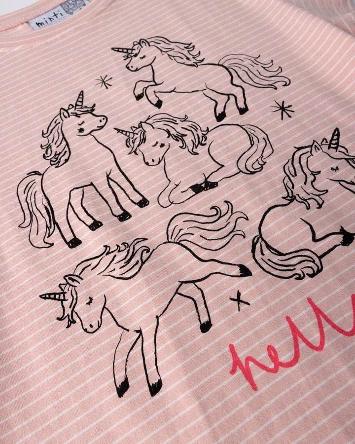 Close up of the Hello Unicorns Tee print in ballet stripe