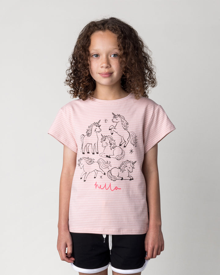Close up of the Hello Unicorns Tee in ballet stripe on a kid, front view