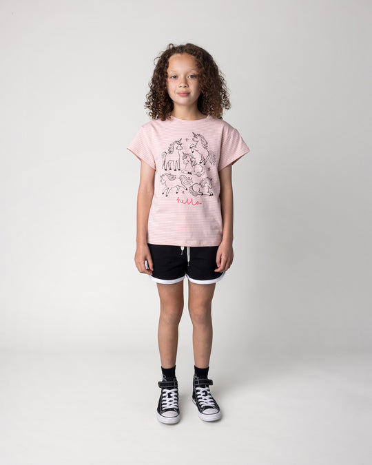 Kid wearing the Hello Unicorns Tee in ballet stripe with the Sprint Short in black and white, front view