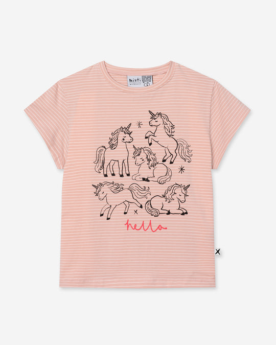 Hello Unicorns Tee in ballet stripe, girls t shirt by Minti, flat lay