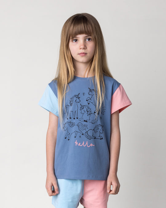 Close up of the Hello Unicorns Tee in mid blue, light blue and pink on a kid, front view