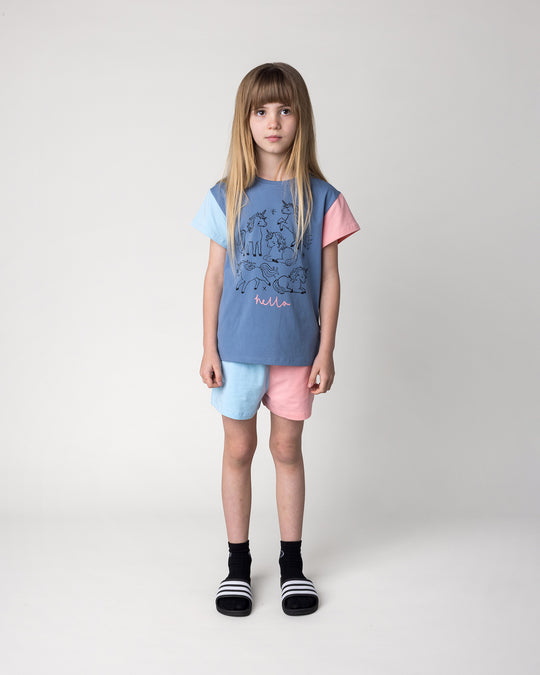 Kid wearing the Hello Unicorns Tee in mid blue, light blue and pink with the Two Tone Short in light blue and pink, front view