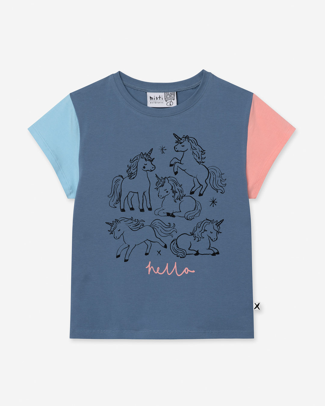 Hello Unicorns Tee in mid blue, light blue and pink, girls t shirt by Minti, flat lay
