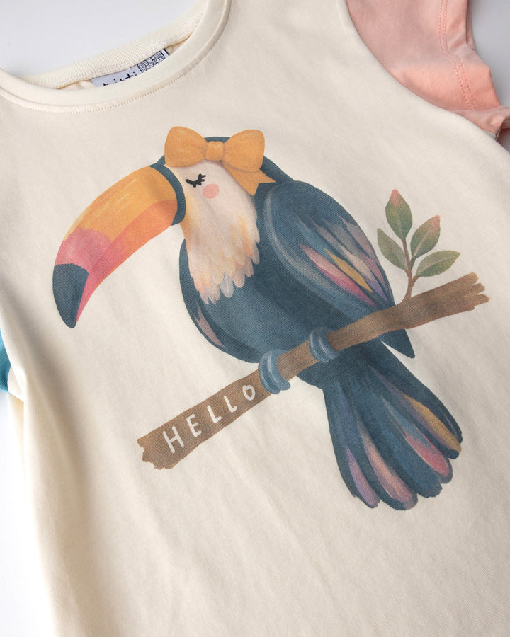 Close up of the Hello Toucan Tee print in cream, pink and aqua