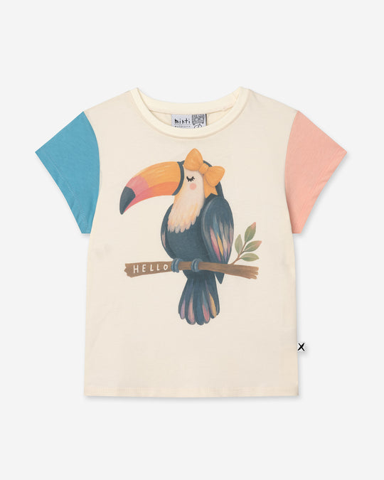 Hello Toucan Tee in cream, pink and aqua, girls t shirt by Minti, flat lay