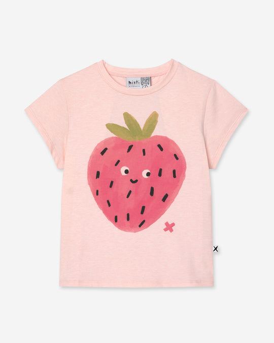 Happy Strawberry Tee in pink marle, girls t shirt by Minti, flat lay