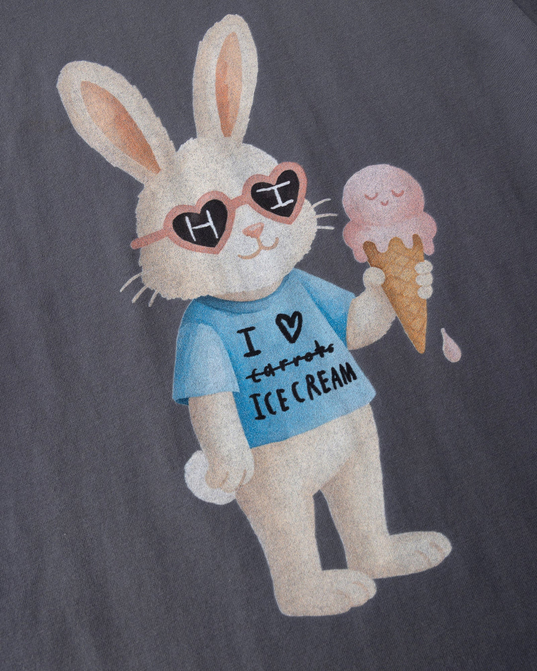 Close up of the Icecream Bunny Tee print in dark grey