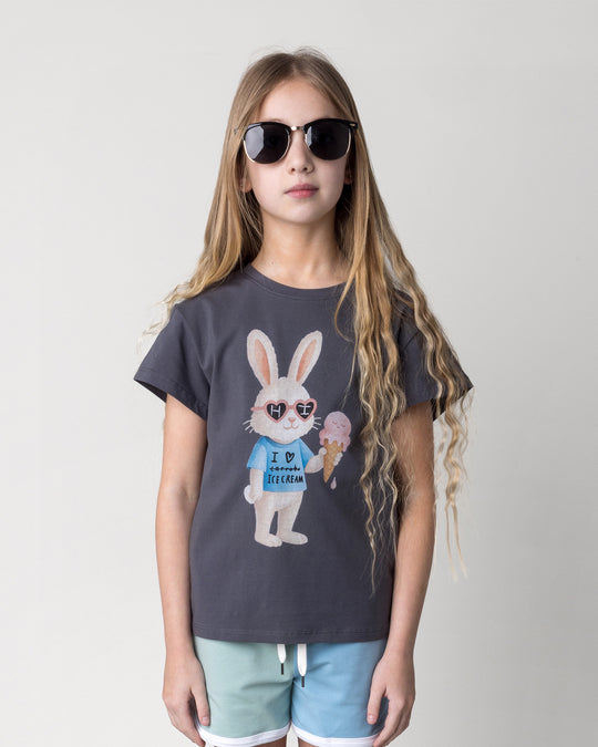 Close up of the Icecream Bunny Tee in dark grey on a kid, front view