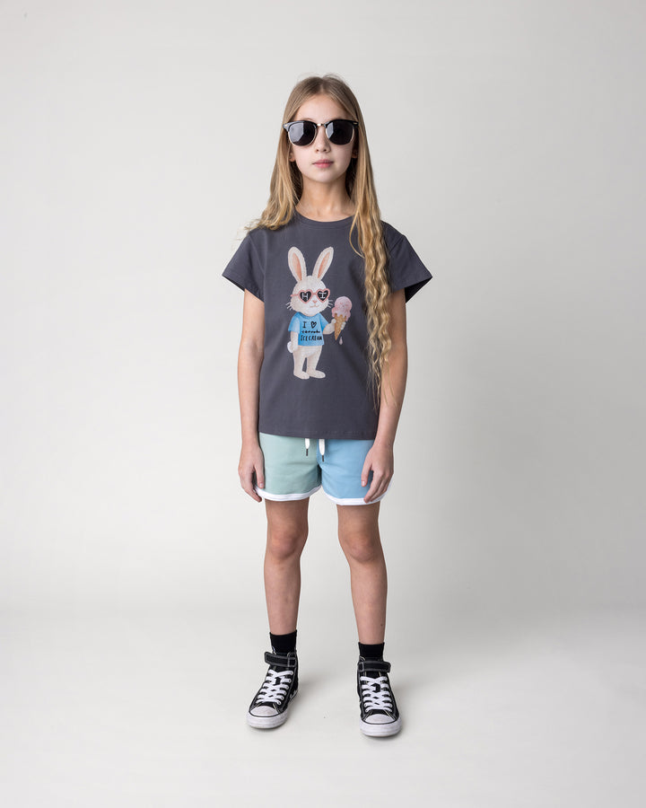 Kid wearing the Icecream Bunny Tee in dark grey with the Sprint Short in mint, aqua and lilac, front view