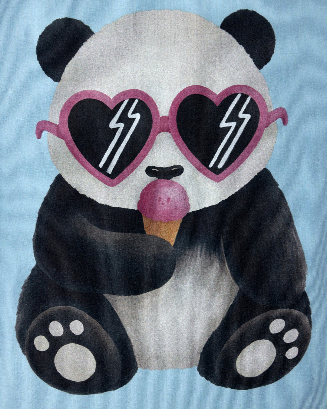 Close up of the Icecream Panda Tee print in light blue