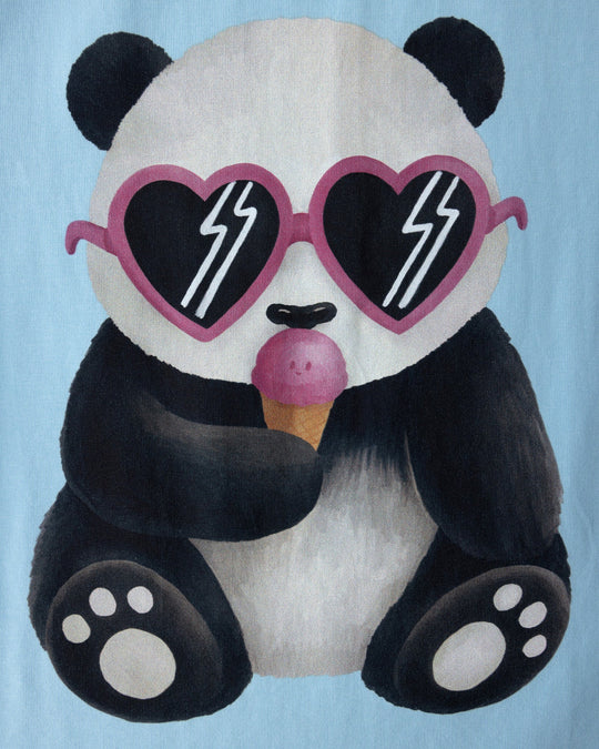 Close up of the Icecream Panda Tee print in light blue