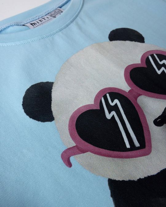 Close up of the Icecream Panda Tee print in light blue