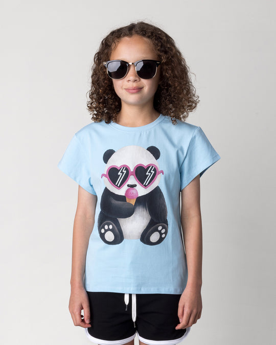 Close up of the Icecream Panda Tee in light blue on a kid, front view